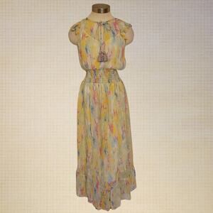 Chiffon Boho Maxi Dress Smocked Waist Tassel Tie Anthropologie Size 2